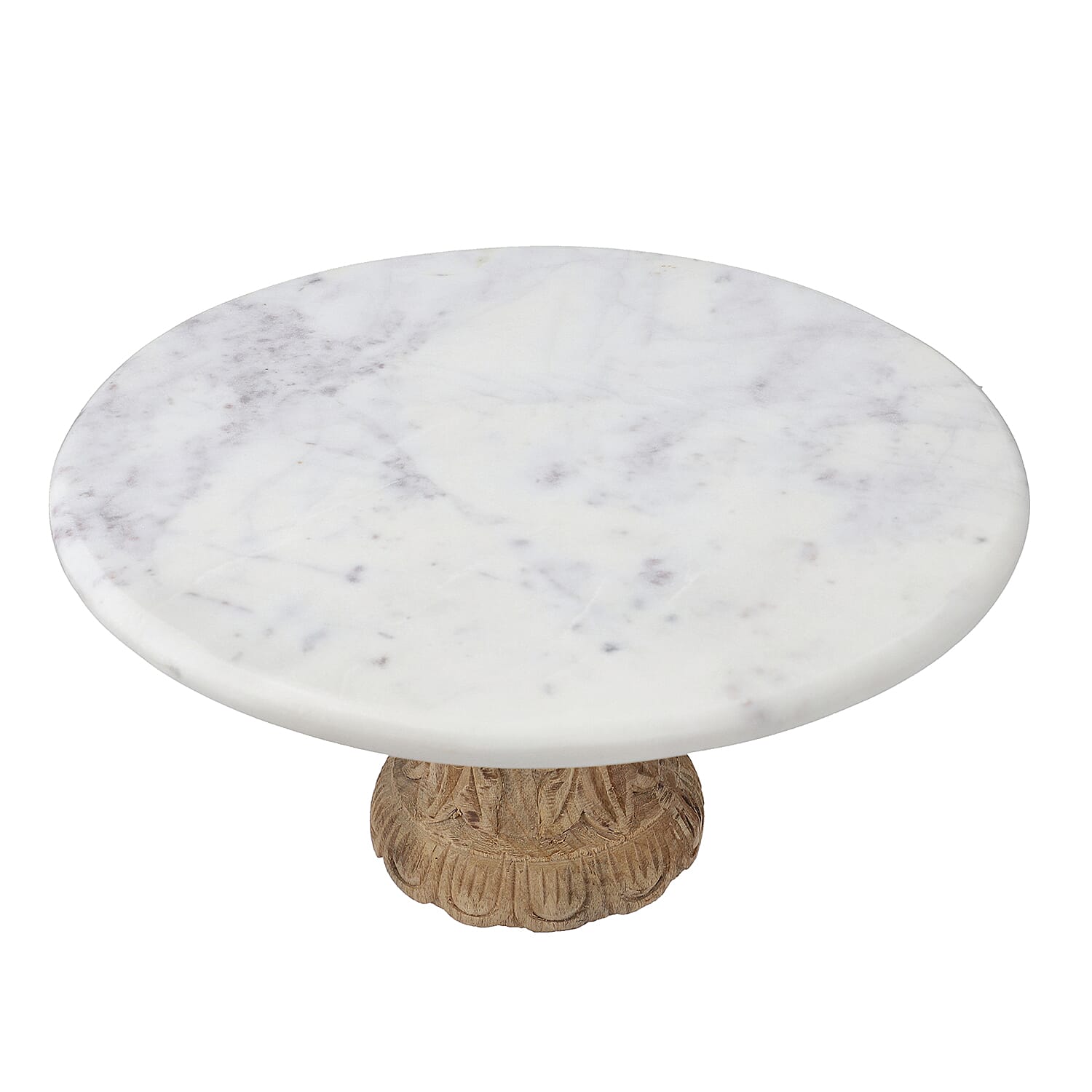 White Handcrafted Marble Cake Stand with Carved Wood Stand