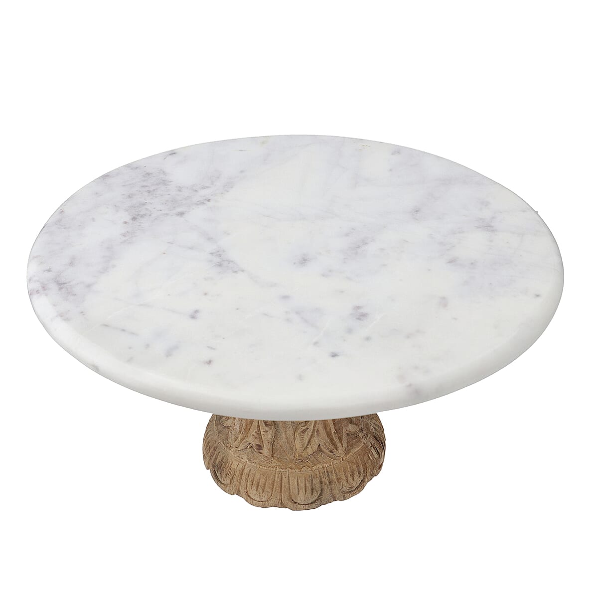 White Handcrafted Marble Cake Stand with Carved Wood Stand image number 5
