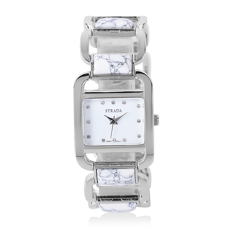 Strada White Howlite and Austrian Crystal Japanese Movement Bracelet Watch (7.75 in) (29x22.85mm) 25.00 ctw