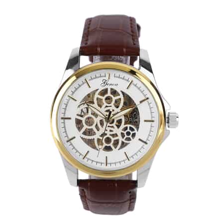 Genoa Automatic Mechanical Movement Watch with Brown Leather Strap & White Hollowed-out Dial image number 0
