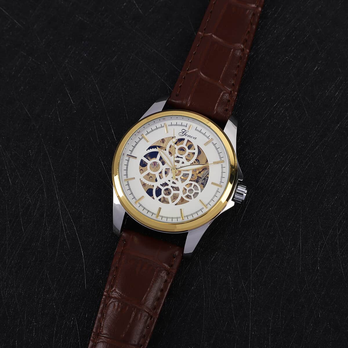 Genoa Automatic Mechanical Movement Watch with Brown Leather Strap & White Hollowed-out Dial image number 1