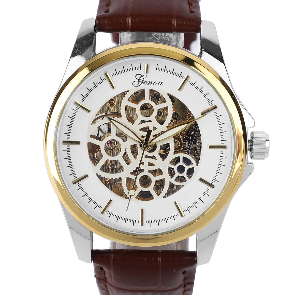 Genoa Automatic Mechanical Movement Watch with Brown Leather Strap & White Hollowed-out Dial image number 3