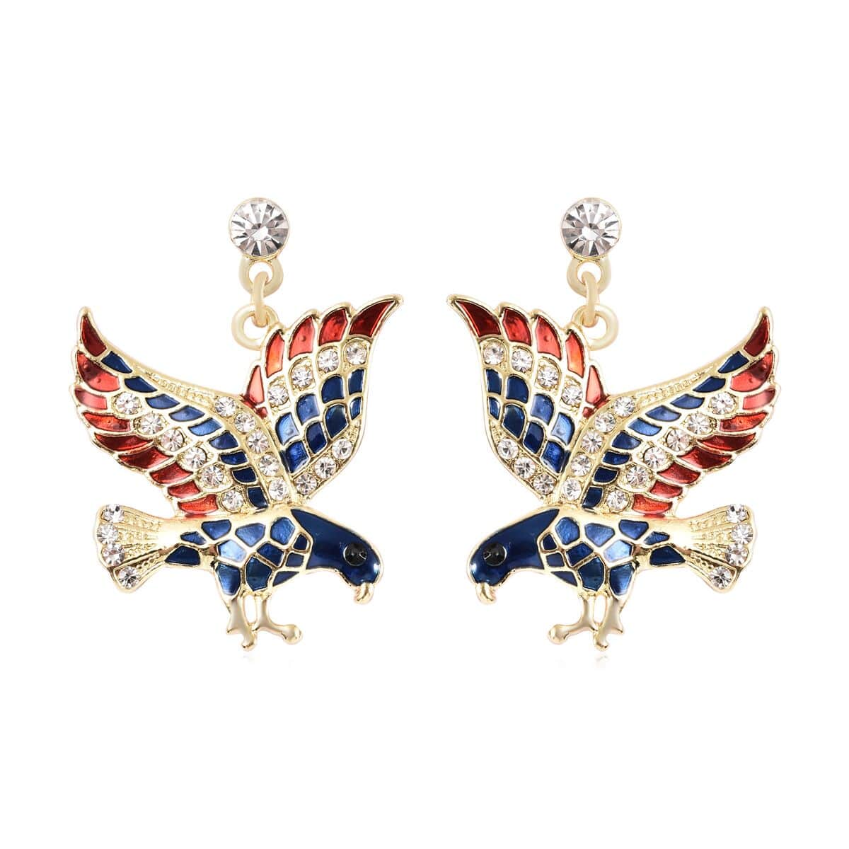 Black and White Austrian Crystal and Enameled Eagle Earrings in Goldtone image number 0