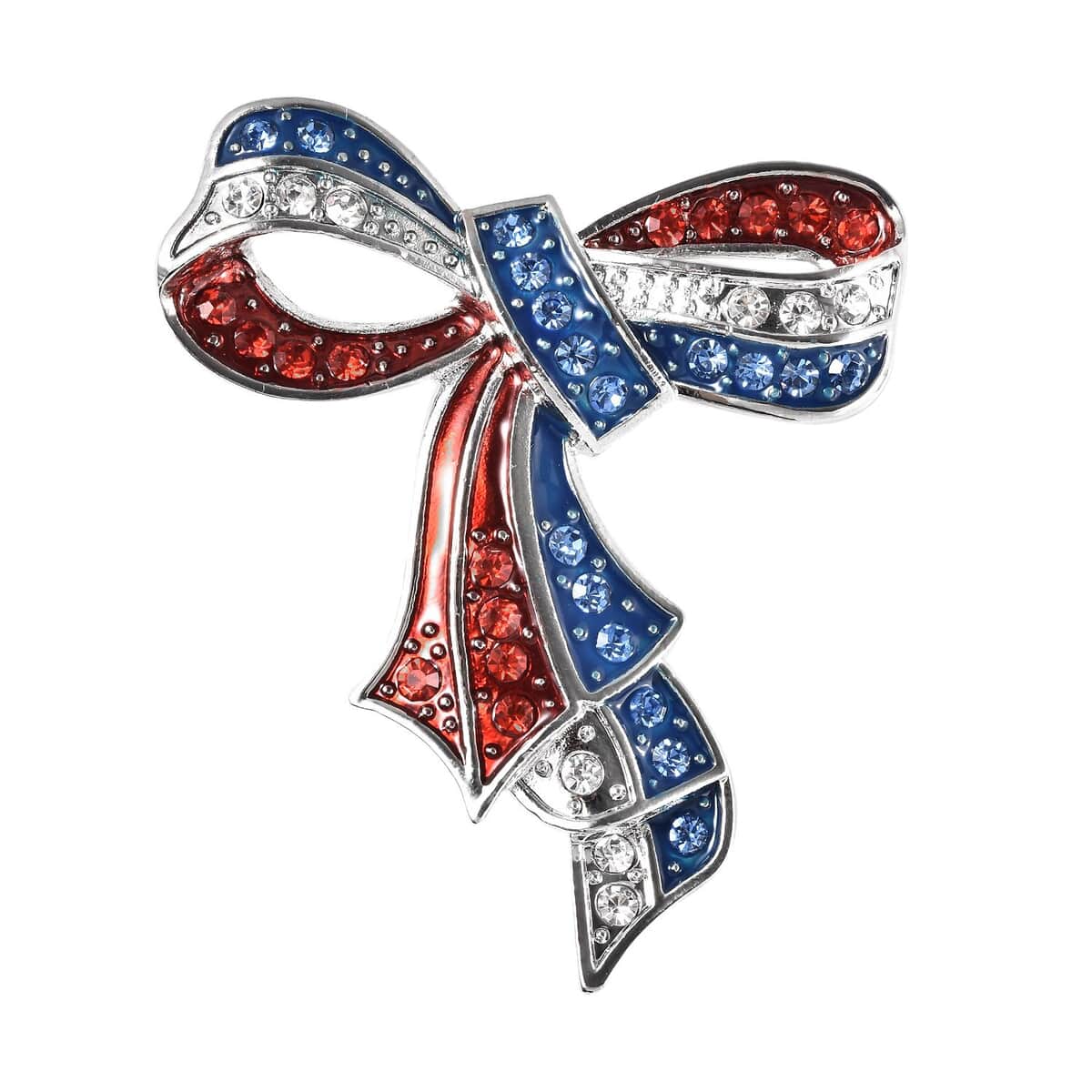 Multi Color Austrian Crystal and Enameled American Flag Ribbon Brooch in Silvertone image number 0