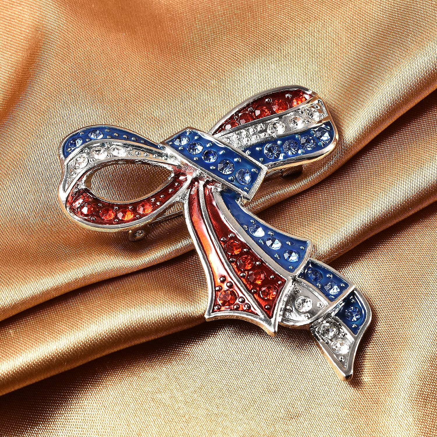 Multi Color Austrian Crystal and Enameled American Flag Ribbon Brooch in Silvertone