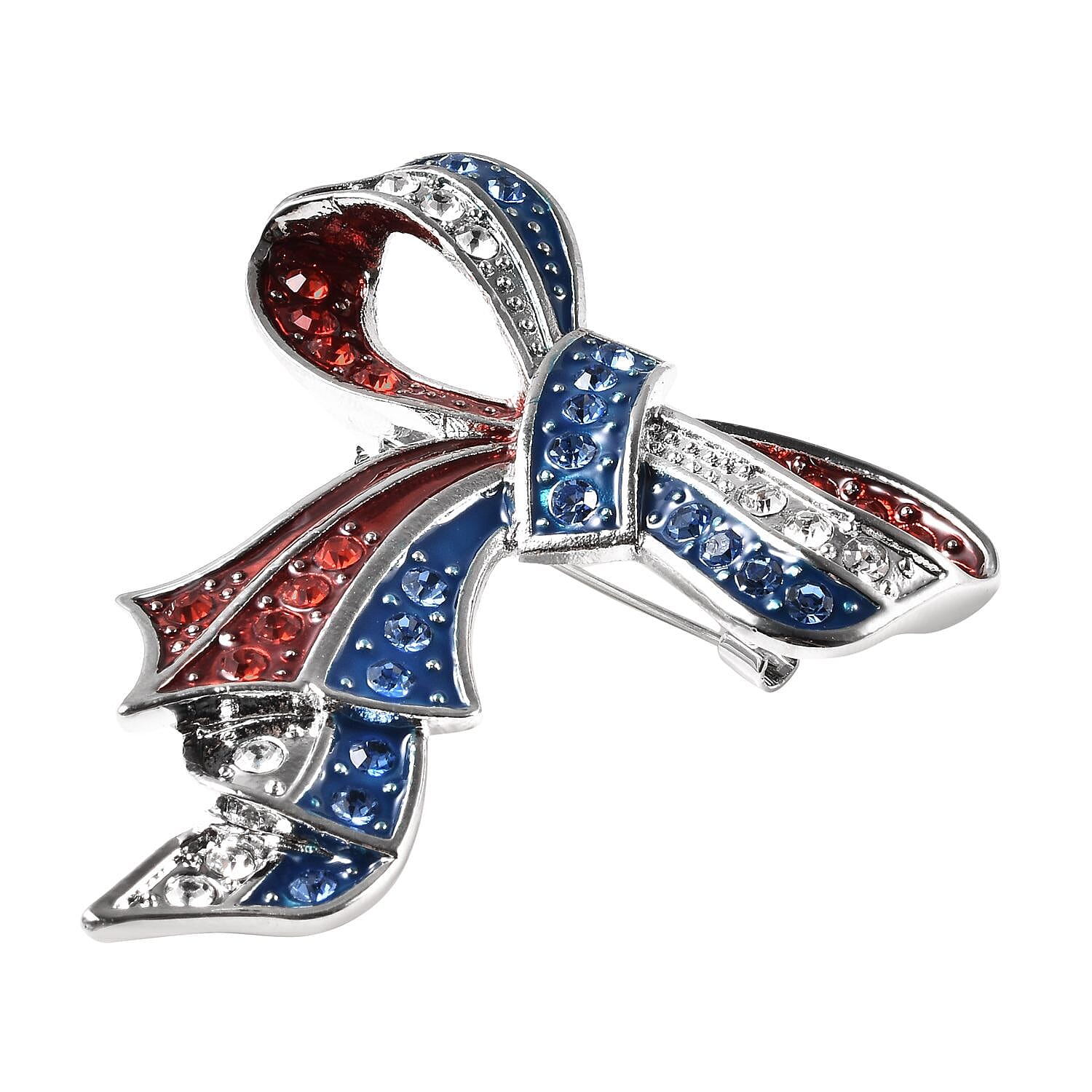Multi Color Austrian Crystal and Enameled American Flag Ribbon Brooch in Silvertone
