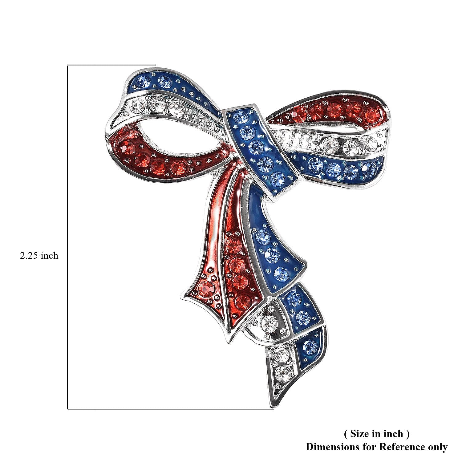 Multi Color Austrian Crystal and Enameled American Flag Ribbon Brooch in Silvertone