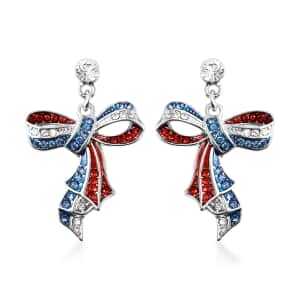 Multi Color Austrian Crystal and Enameled American Flag Pattern Ribbon Earrings in Silvertone