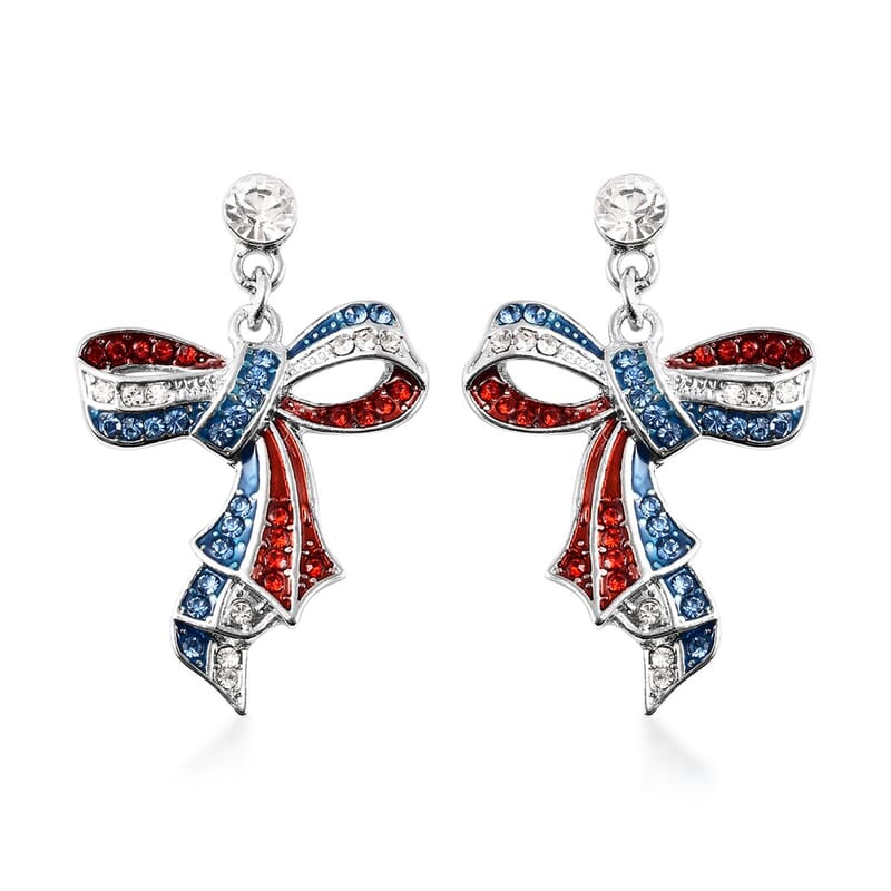 Multi Color Austrian Crystal and Enameled American Flag Pattern Ribbon Earrings in Silvertone