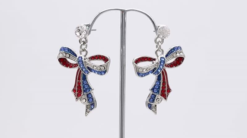 Multi Color Austrian Crystal and Enameled American Flag Pattern Ribbon Earrings in Silvertone