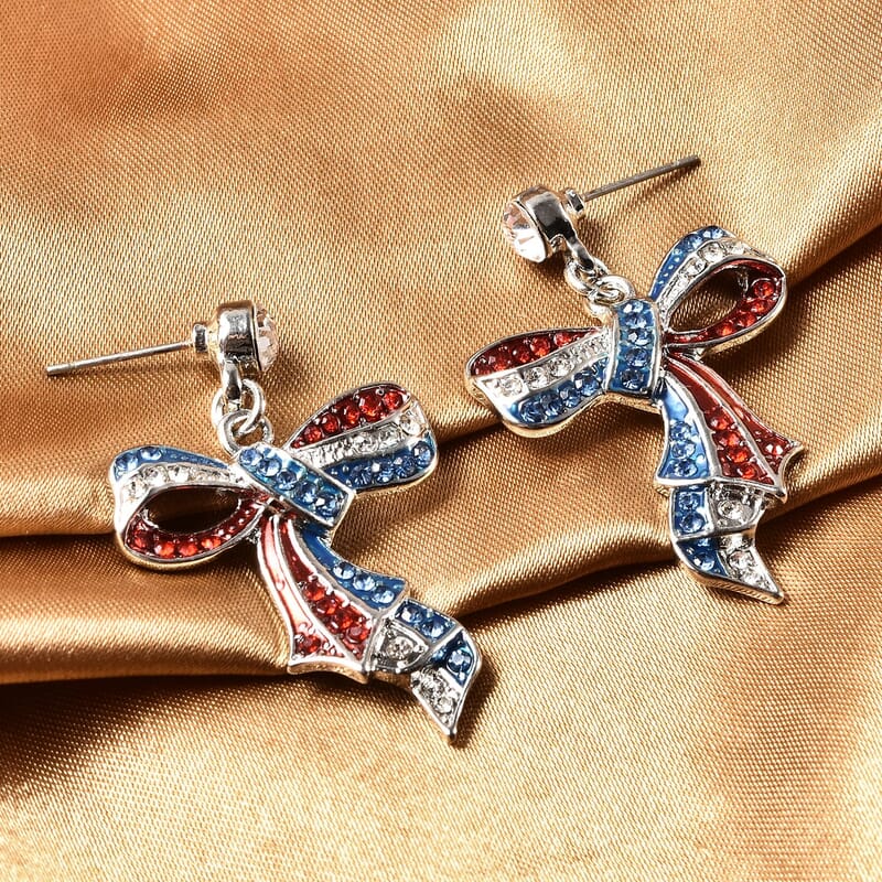 Multi Color Austrian Crystal and Enameled American Flag Pattern Ribbon Earrings in Silvertone