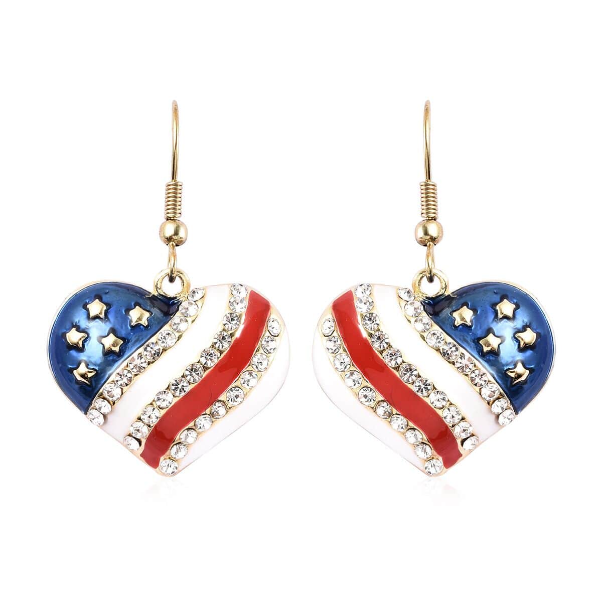 White Austrian Crystal, Enameled American Flag Pattern Heart Earrings in Goldtone & ION Plated YG Stainless Steel image number 0