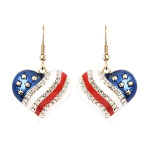 White Austrian Crystal, Enameled American Flag Pattern Heart Earrings in Goldtone & ION Plated YG Stainless Steel