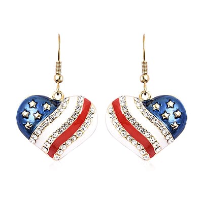 White Austrian Crystal, Enameled American Flag Pattern Heart Earrings in Goldtone & ION Plated YG Stainless Steel