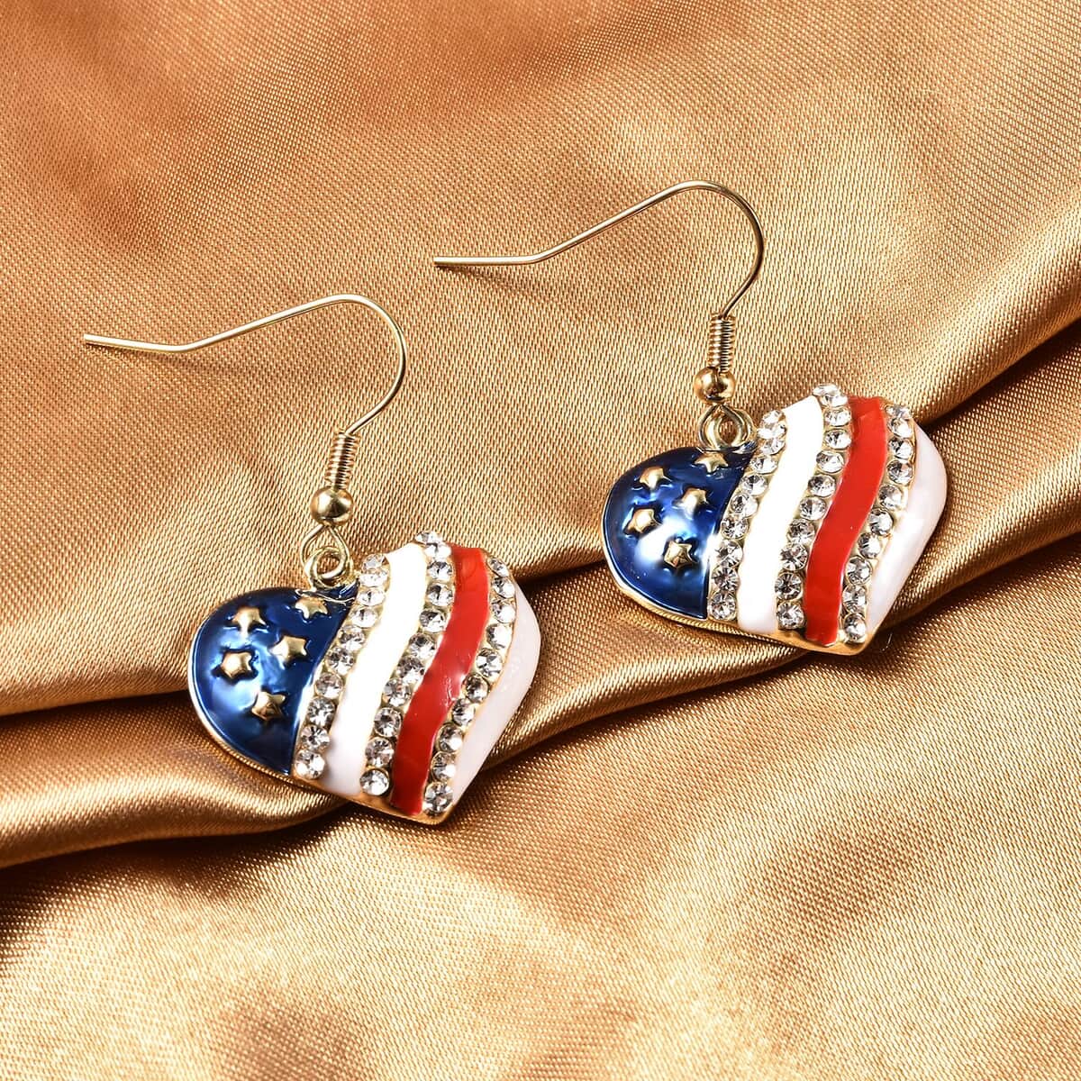 White Austrian Crystal, Enameled American Flag Pattern Heart Earrings in Goldtone & ION Plated YG Stainless Steel image number 1