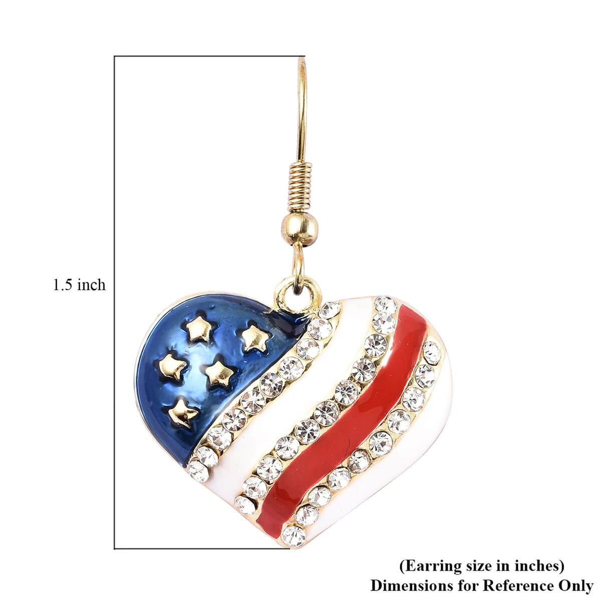 White Austrian Crystal, Enameled American Flag Pattern Heart Earrings in Goldtone & ION Plated YG Stainless Steel image number 3