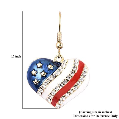 White Austrian Crystal, Enameled American Flag Pattern Heart Earrings in Goldtone & ION Plated YG Stainless Steel
