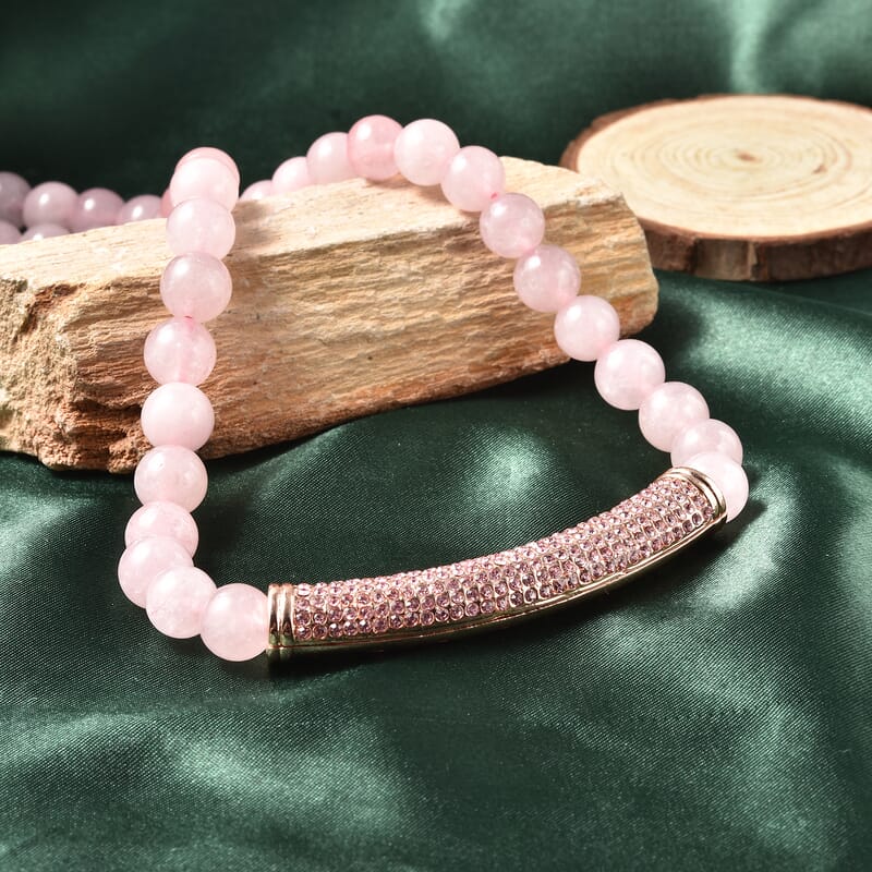 Galilea Rose Quartz and Pink Austrian Crystal 265.00 ctw Beaded Necklace with Charm in Goldtone 20 Inches