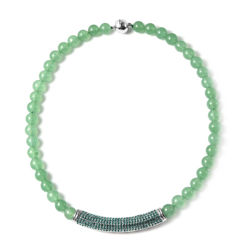 Green Aventurine and Neon Green Austrian Crystal Beaded Necklace with Charm 20 Inches in Silvertone
