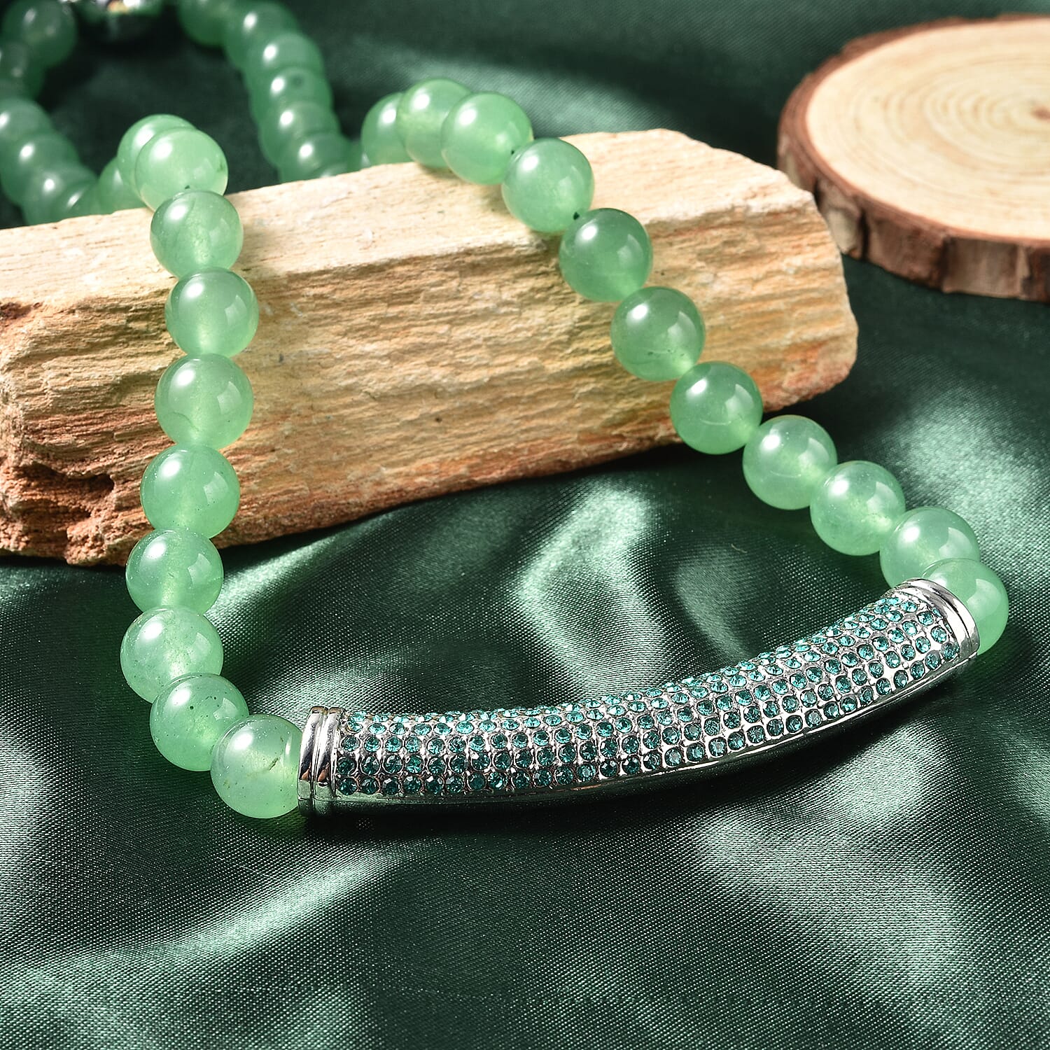 Green Aventurine and Neon Green Austrian Crystal Beaded Necklace with Charm 20 Inches in Silvertone