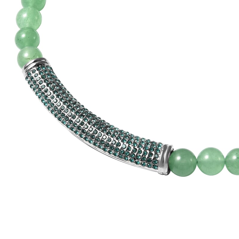 Green Aventurine and Neon Green Austrian Crystal Beaded Necklace with Charm 20 Inches in Silvertone