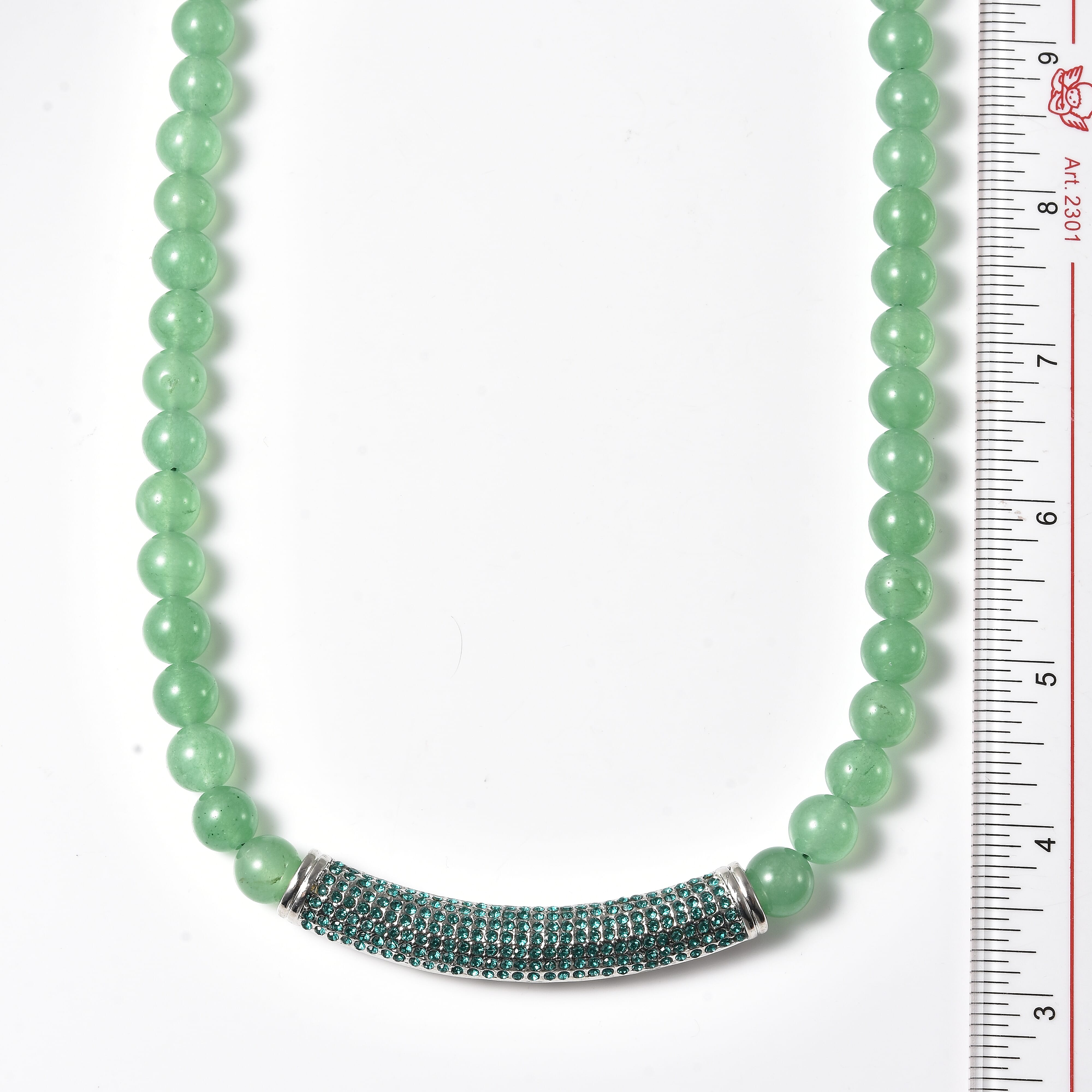 Green Aventurine and Neon Green Austrian Crystal Beaded Necklace with Charm 20 Inches in Silvertone