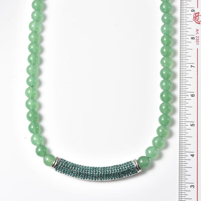 Green Aventurine and Neon Green Austrian Crystal Beaded Necklace with Charm 20 Inches in Silvertone