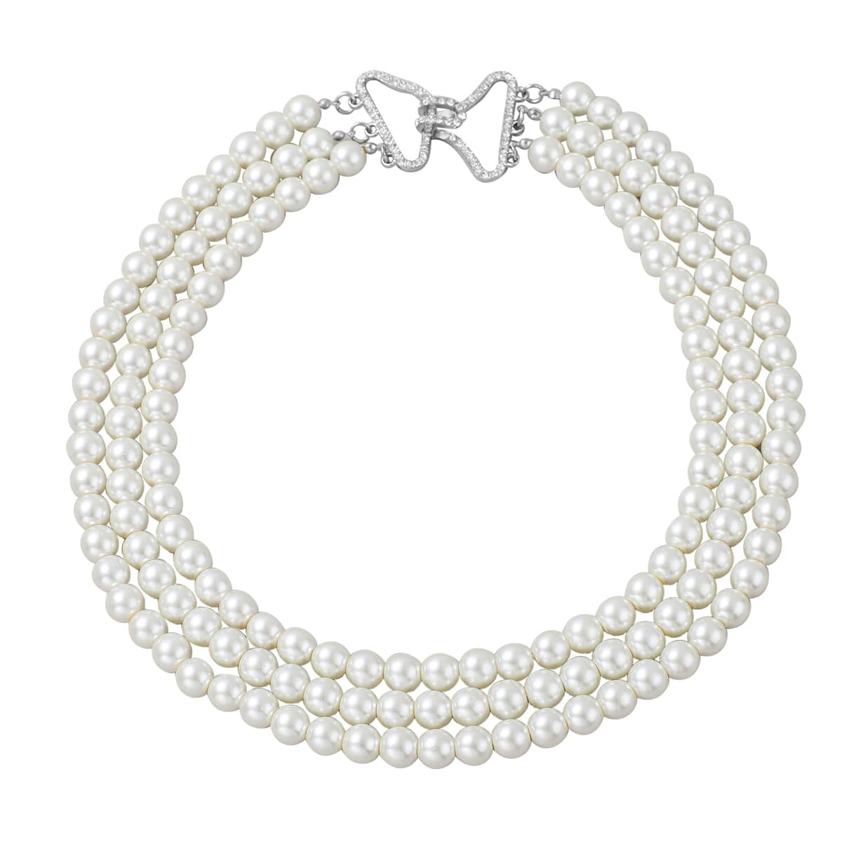 Simulated White Pearl and Austrian Crystal Triple Row Necklace 20 Inches in Silvertone image number 0