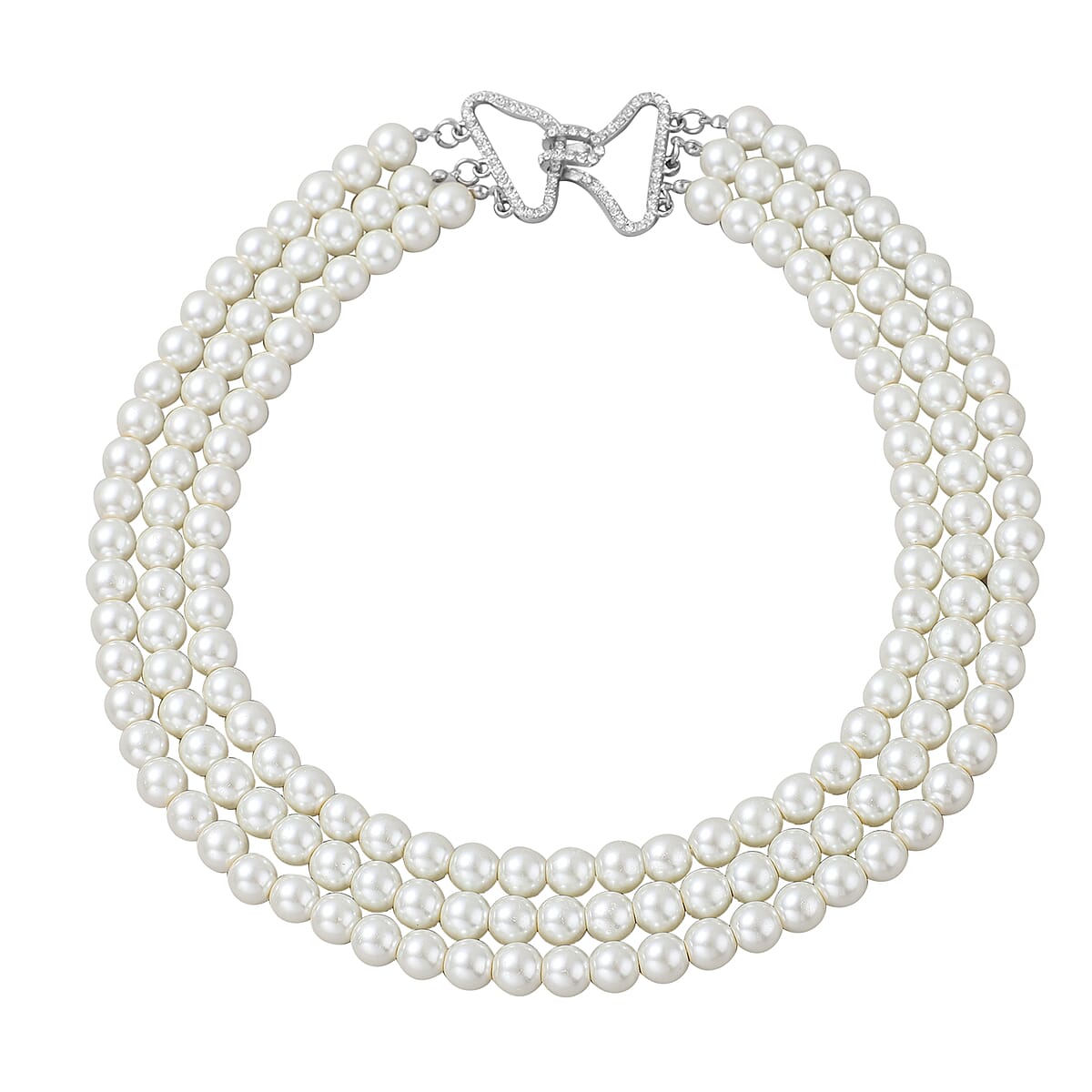 Simulated White Pearl and Austrian Crystal Triple Row Necklace 20 Inches in Silvertone image number 0