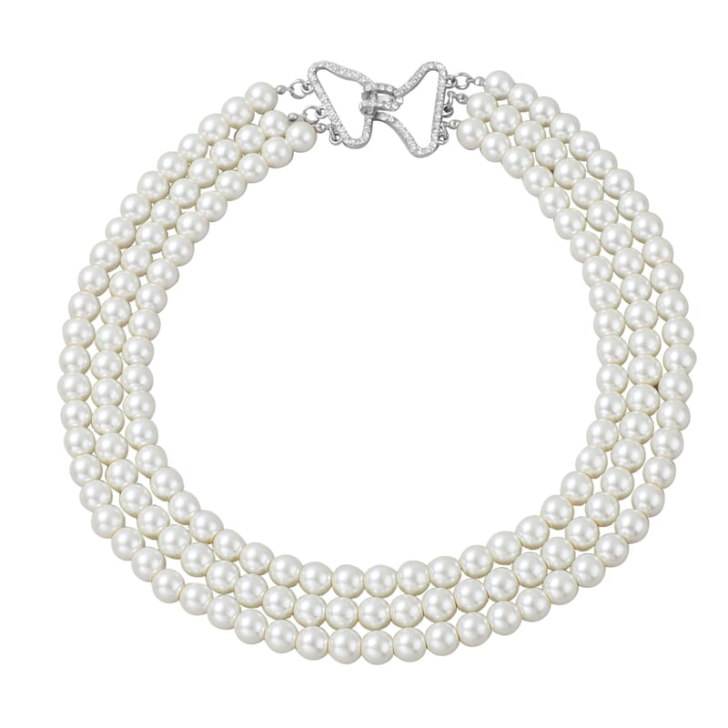 Simulated White Pearl and Austrian Crystal Triple Row Necklace 20 Inches in Silvertone