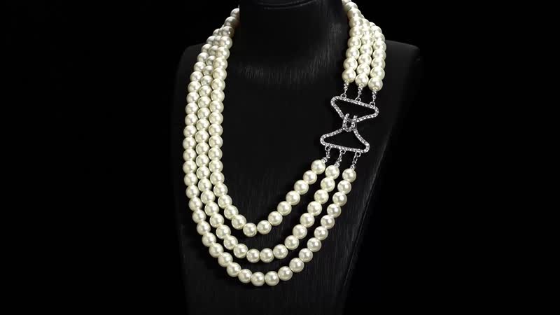 Simulated White Pearl and Austrian Crystal Triple Row Necklace 20 Inches in Silvertone