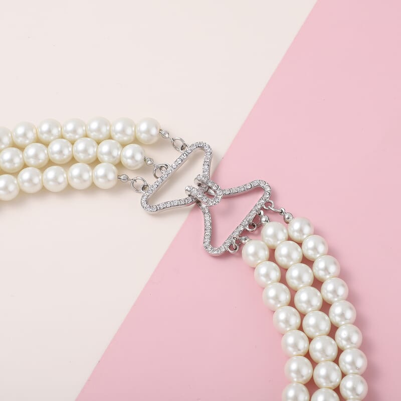 Simulated White Pearl and Austrian Crystal Triple Row Necklace 20 Inches in Silvertone
