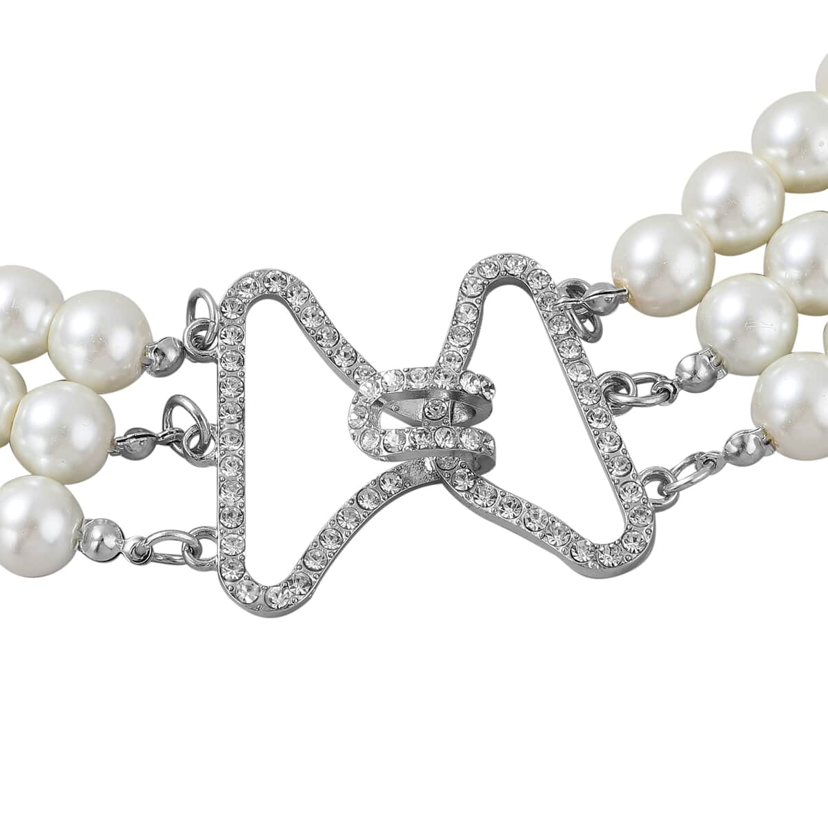 Simulated White Pearl and Austrian Crystal Triple Row Necklace 20 Inches in Silvertone image number 2