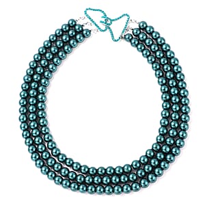 Simulated Peacock Pearl and Neon Green Austrian Crystal Triple Row Necklace 20 Inches in Silvertone