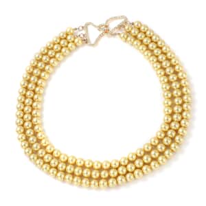 Simulated Golden Pearl and Golden Austrian Crystal Triple Row Necklace 20 Inches in Goldtone