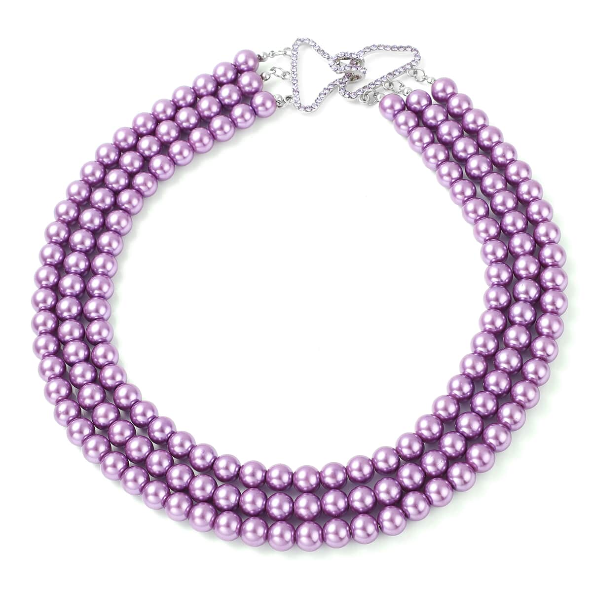 Simulated Purple Pearl and Purple Austrian Crystal Triple Row Necklace 20 Inches in Silvertone image number 0