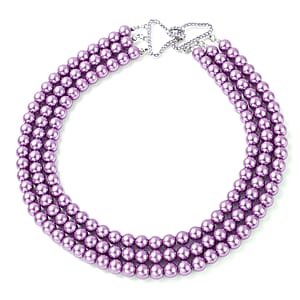 Simulated Purple Pearl and Purple Austrian Crystal Triple Row Necklace 20 Inches in Silvertone