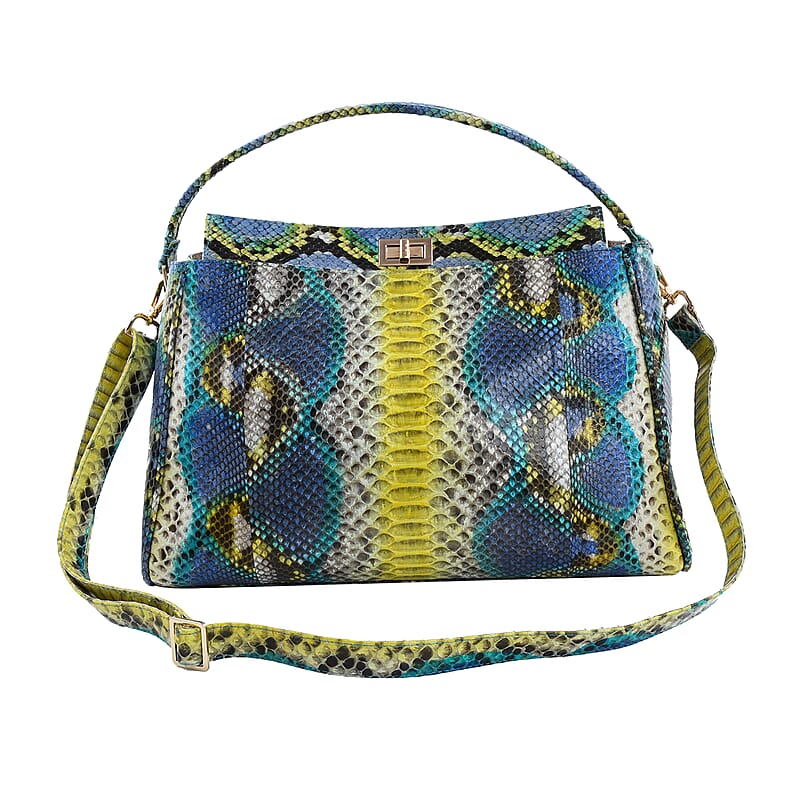 The Pelle Collection Handmade 100% Genuine Python Leather Blue & Yellow Tote Bag with Detachable and Adjustable Strap