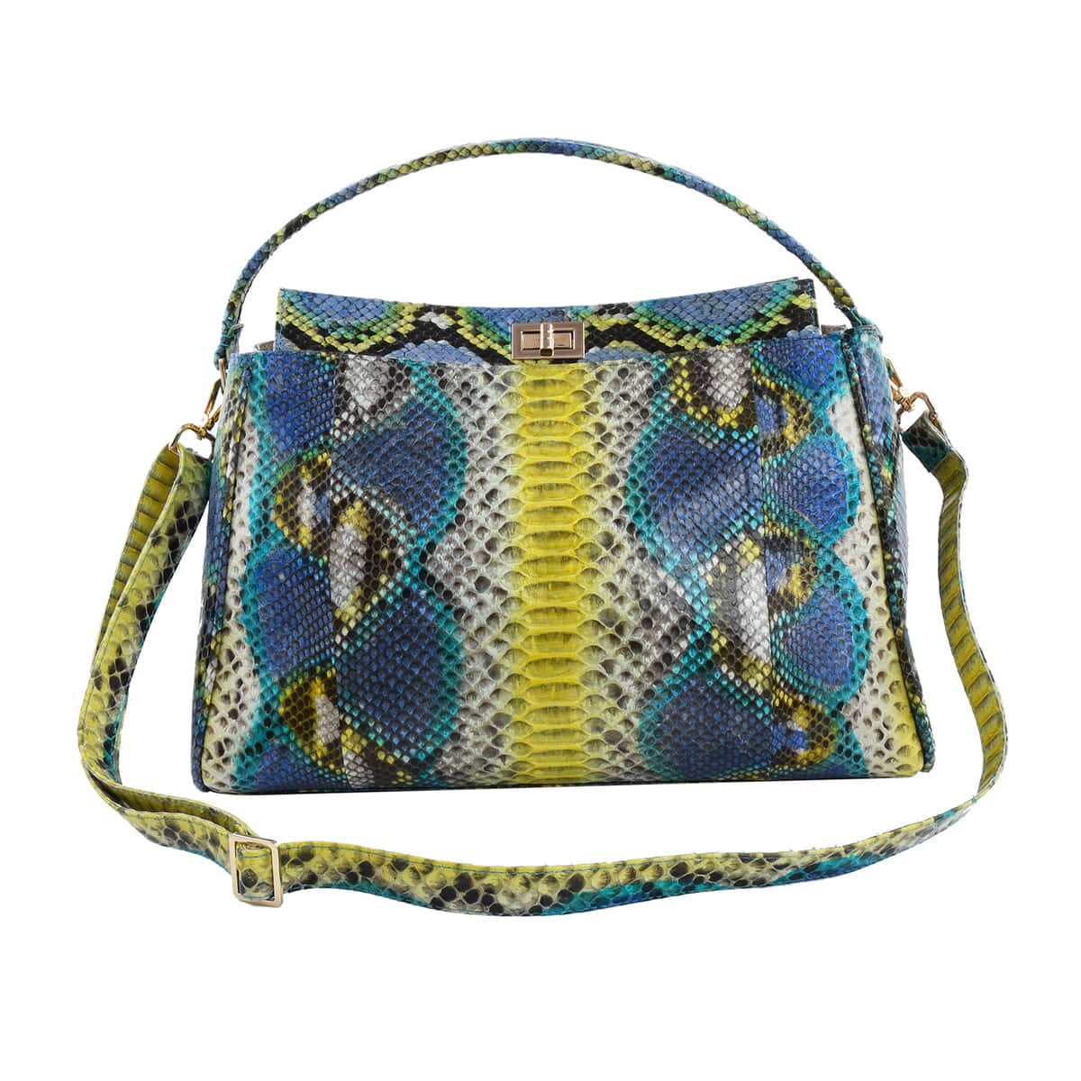 The Pelle Python Collection Handmade 100% Genuine Python Leather Blue & Yellow Tote Bag (14.75"x9.2"x6") with Detachable and Adjustable Strap image number 0