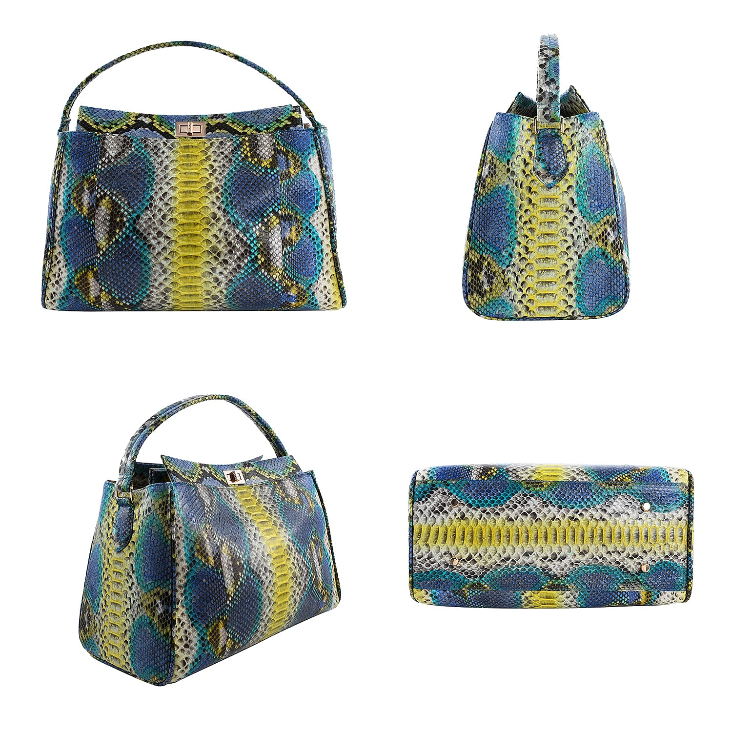 The Pelle Collection Handmade 100% Genuine Python Leather Blue & Yellow Tote Bag with Detachable and Adjustable Strap