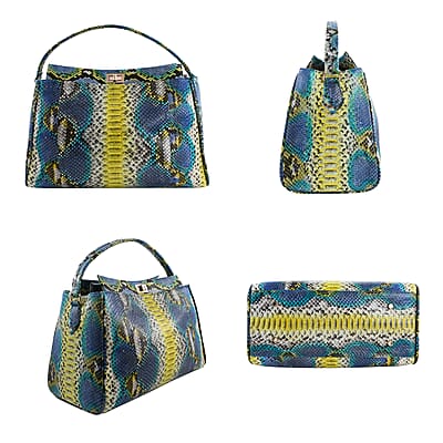 The Pelle Collection Handmade 100% Genuine Python Leather Blue & Yellow Tote Bag with Detachable and Adjustable Strap