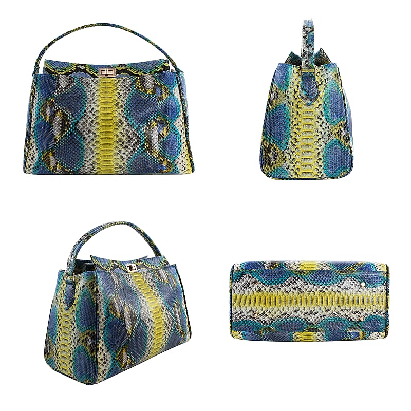 The Pelle Collection Handmade 100% Genuine Python Leather Blue & Yellow Tote Bag with Detachable and Adjustable Strap