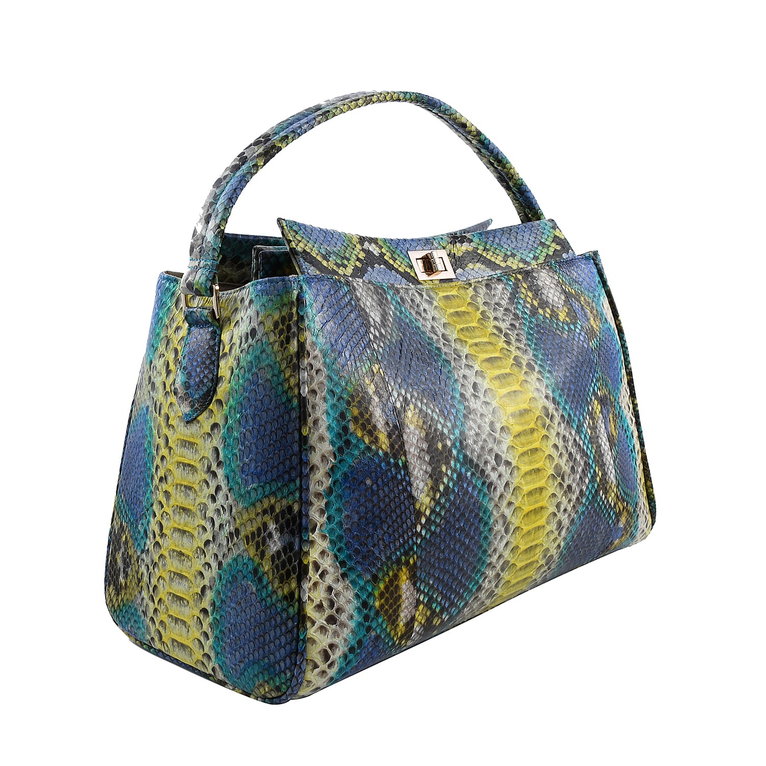 The Pelle Collection Handmade 100% Genuine Python Leather Blue & Yellow Tote Bag with Detachable and Adjustable Strap