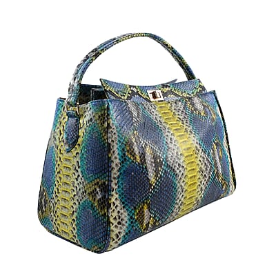 The Pelle Collection Handmade 100% Genuine Python Leather Blue & Yellow Tote Bag with Detachable and Adjustable Strap