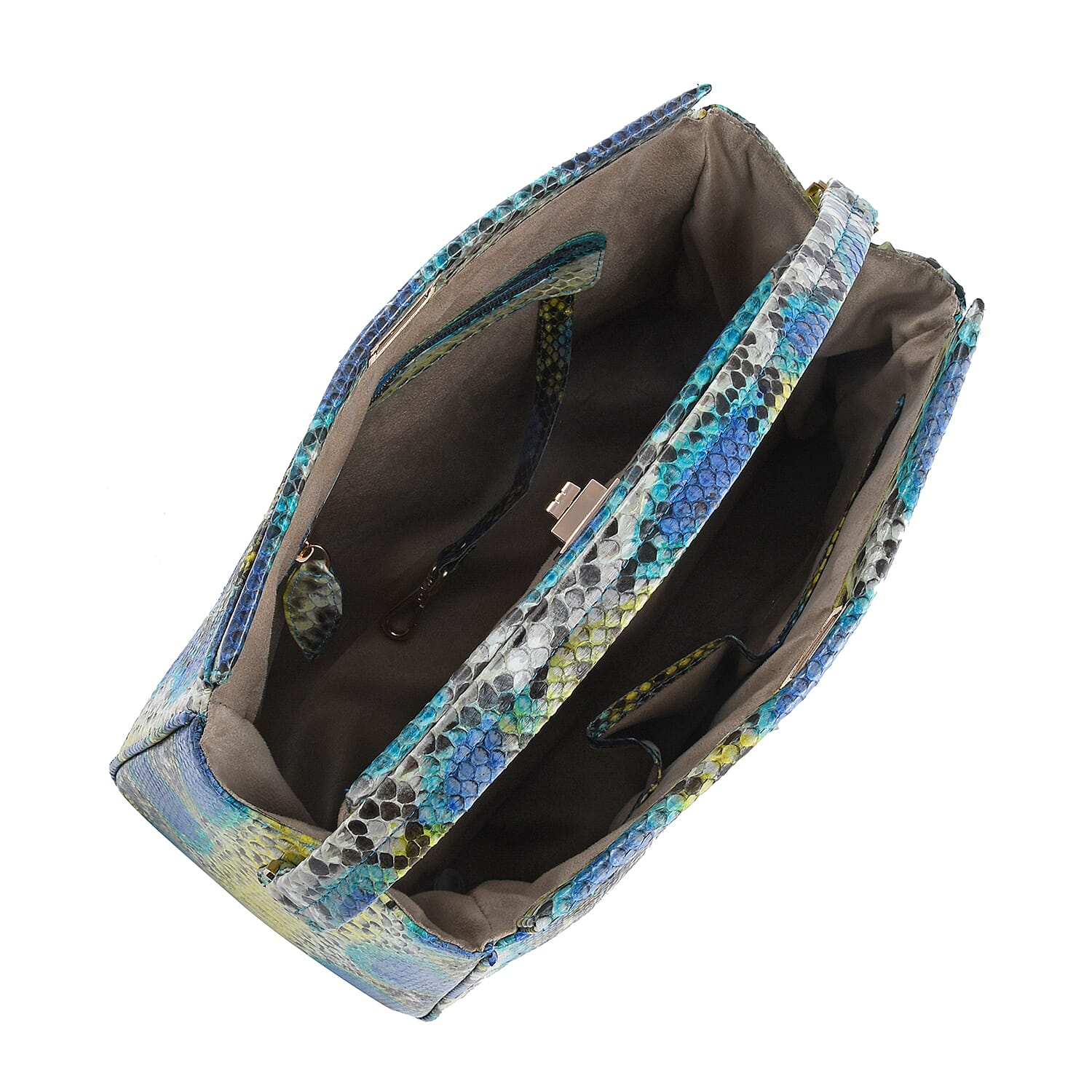 The Pelle Collection Handmade 100% Genuine Python Leather Blue & Yellow Tote Bag with Detachable and Adjustable Strap