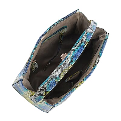 The Pelle Collection Handmade 100% Genuine Python Leather Blue & Yellow Tote Bag with Detachable and Adjustable Strap