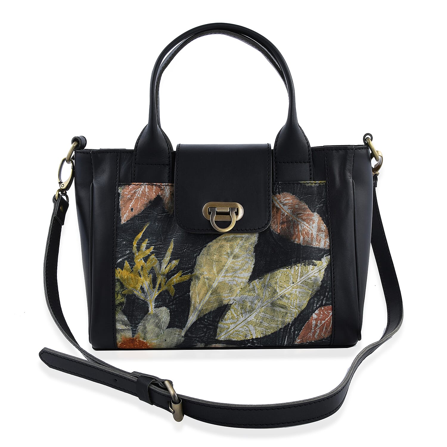 Bali Pristine Collection, Handmade Black Flower and Leaf Eco Print Genuine Cow Leather Briona Bag with Detachable and Adjustable Shoulder Strap