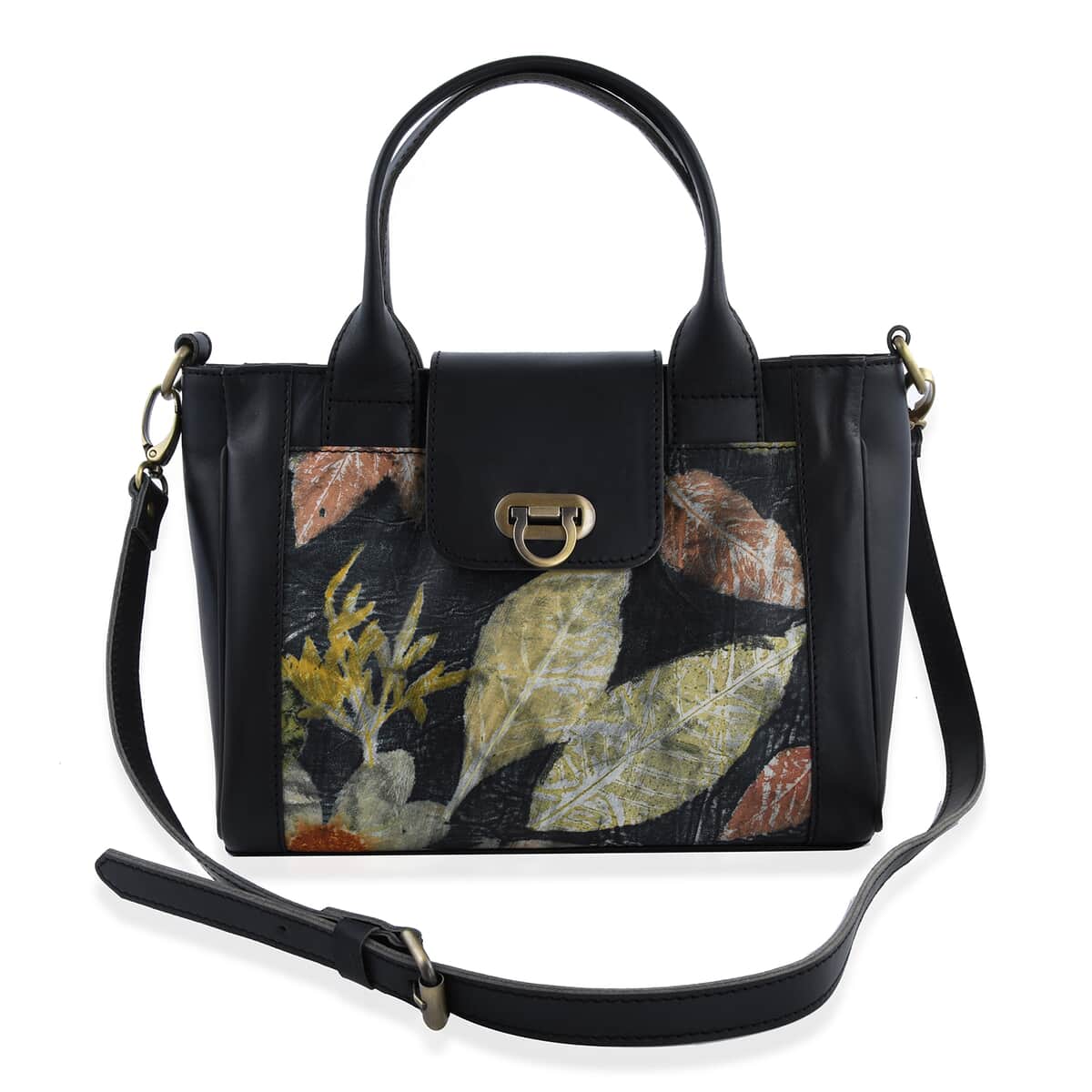 Bali Pristine Collection, Handmade Black Flower and Leaf Eco Print Genuine Cow Leather Briona Bag with Detachable and Adjustable Shoulder Strap image number 0