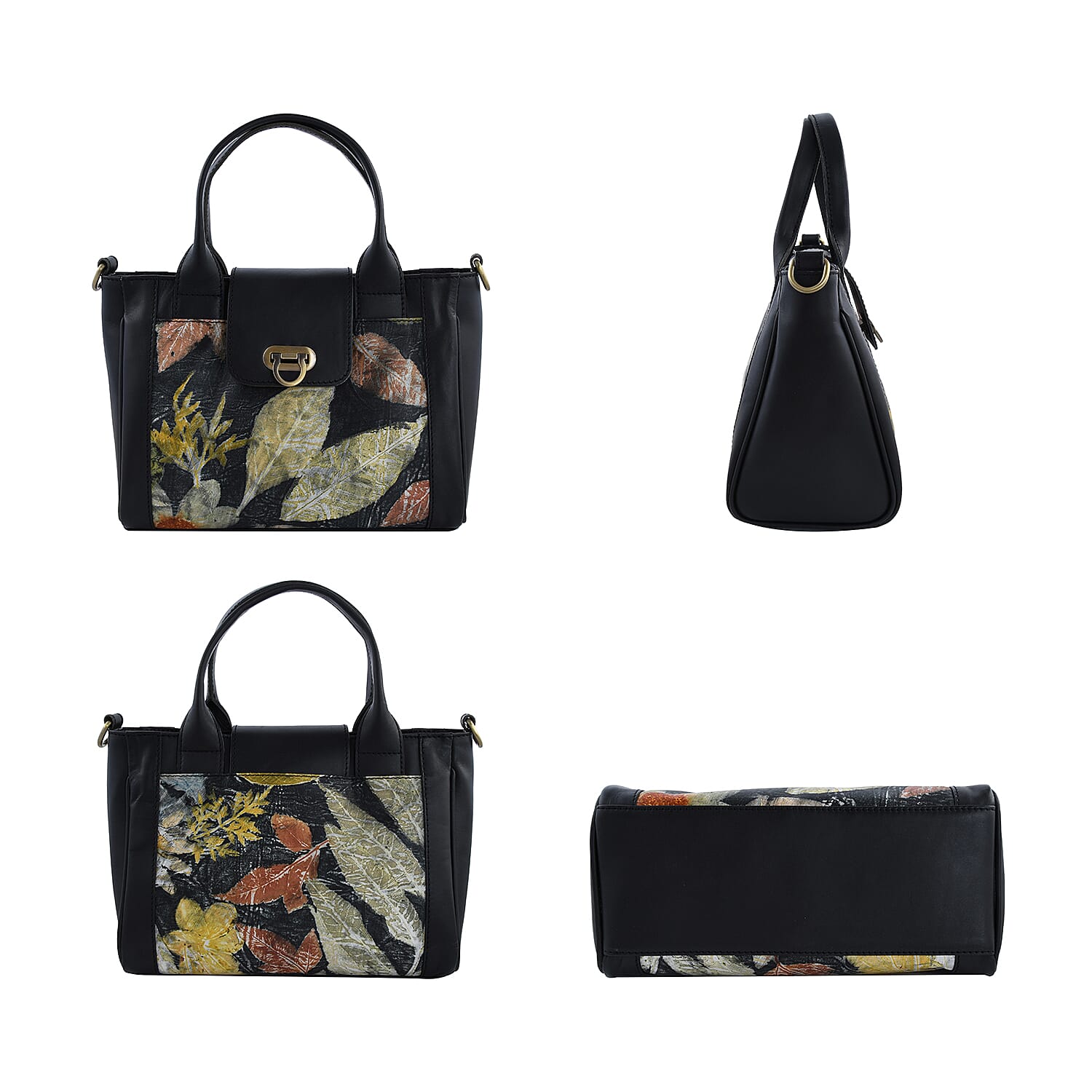 Bali Pristine Collection, Handmade Black Flower and Leaf Eco Print Genuine Cow Leather Briona Bag with Detachable and Adjustable Shoulder Strap