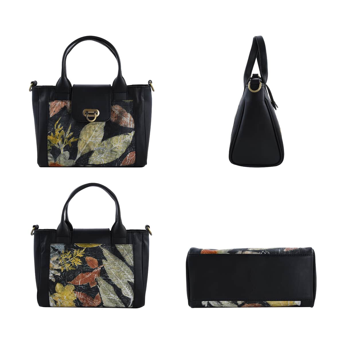 Bali Pristine Collection, Handmade Black Flower and Leaf Eco Print Genuine Cow Leather Briona Bag with Detachable and Adjustable Shoulder Strap image number 1